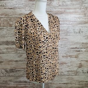ELODIE Brown Leopard V-neck Pleated Blouse